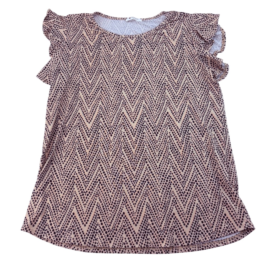 BOMBOM Womens‎ Tan Black Dotted Chevron Flutter Sleeve Top Blouse Made in USA